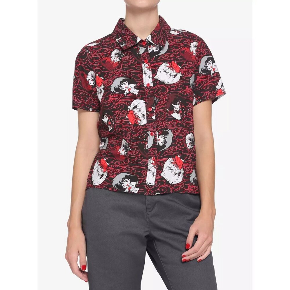 HOT TOPIC x INUYASHA Chibi Girls Black Red Short Sleeve Button Up Shirt, Size XL
